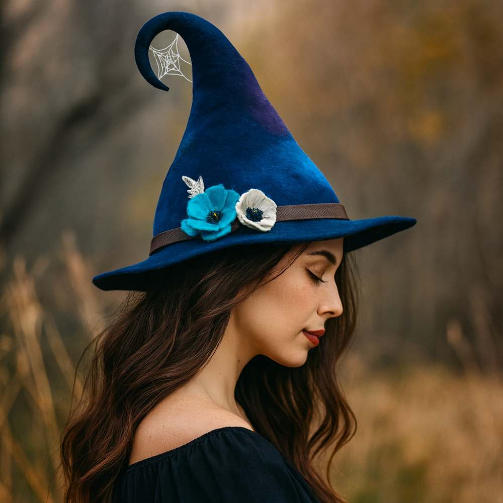 Cappello da strega in feltro di lana merino fatto a mano — costume di Halloween regolabile per adulti
