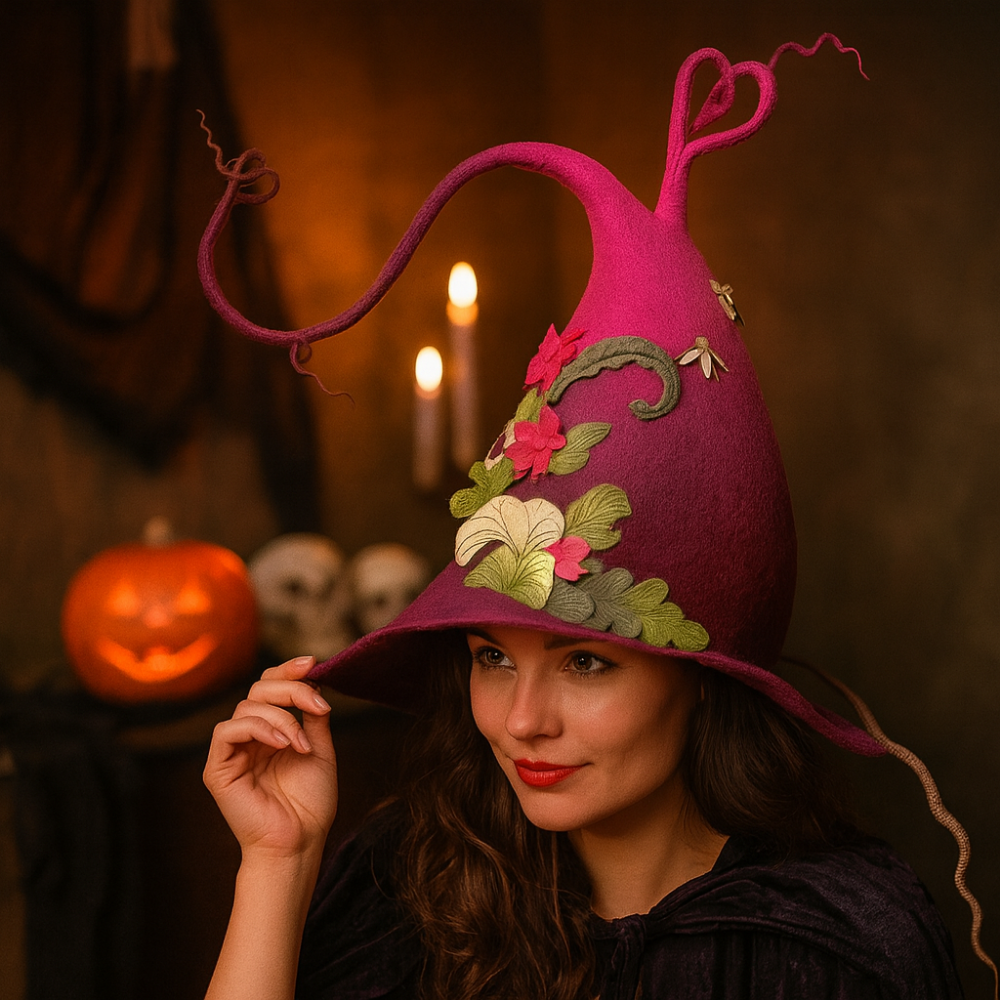 Cappello da strega in feltro di lana merino fatto a mano — costume di Halloween regolabile per adulti