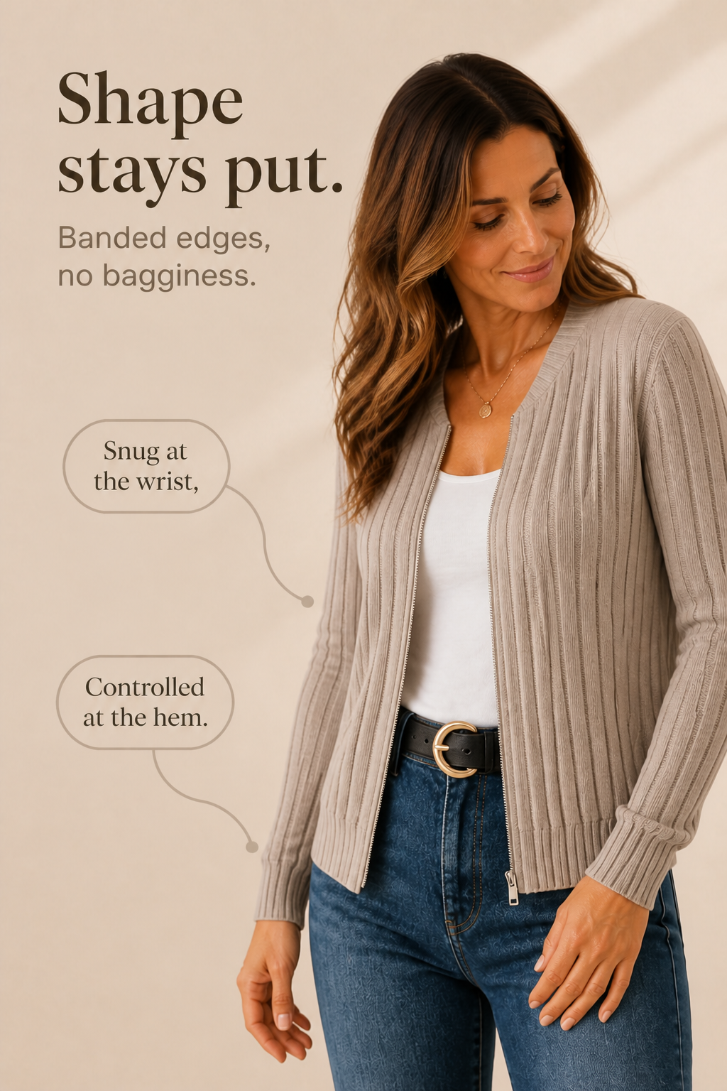 Cardigan a coste con zip frontale