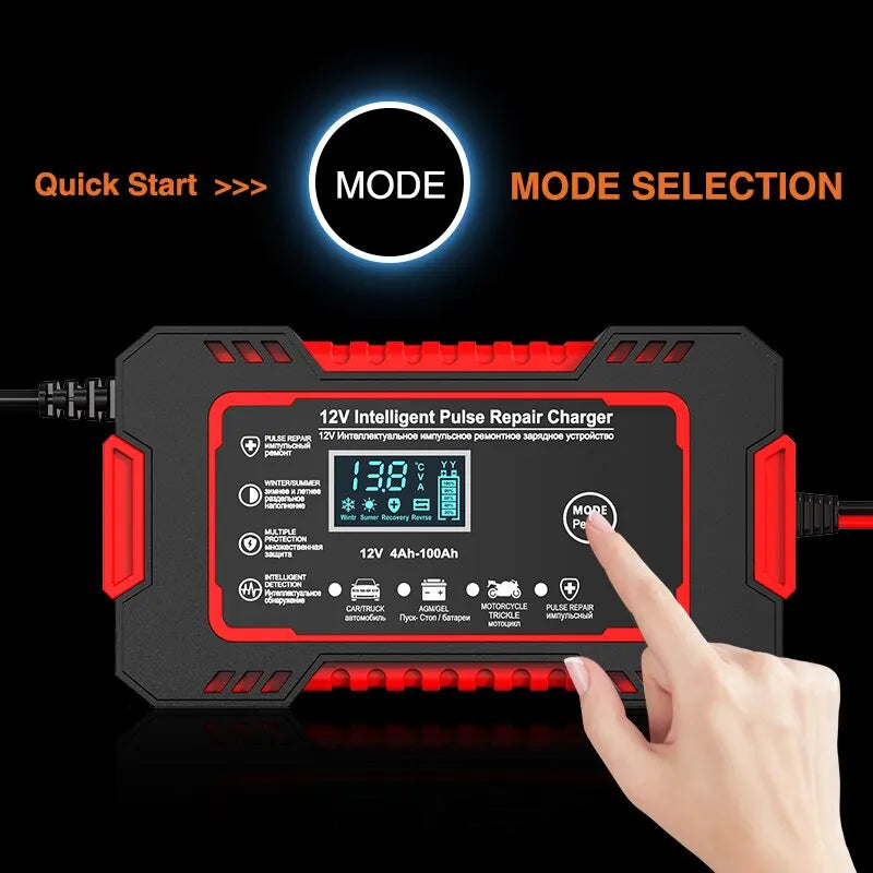 Caricabatterie intelligente 12V 6A con riparazione a impulsi e display LCD per batterie auto e moto