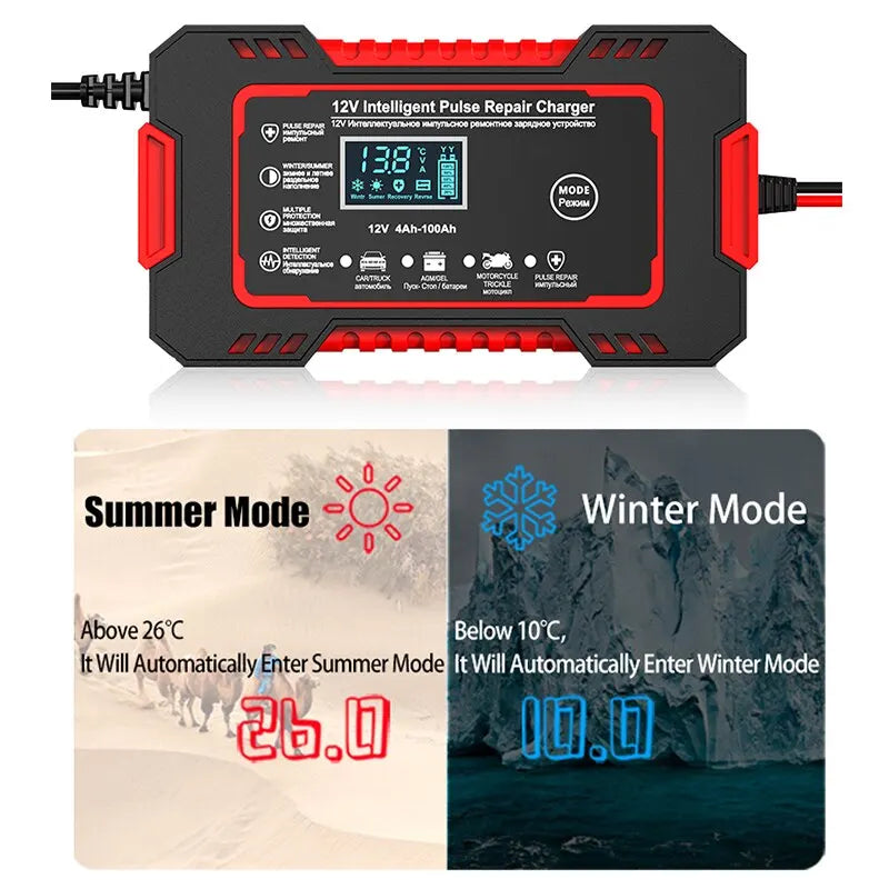 Caricabatterie intelligente 12V 6A con riparazione a impulsi e display LCD per batterie auto e moto