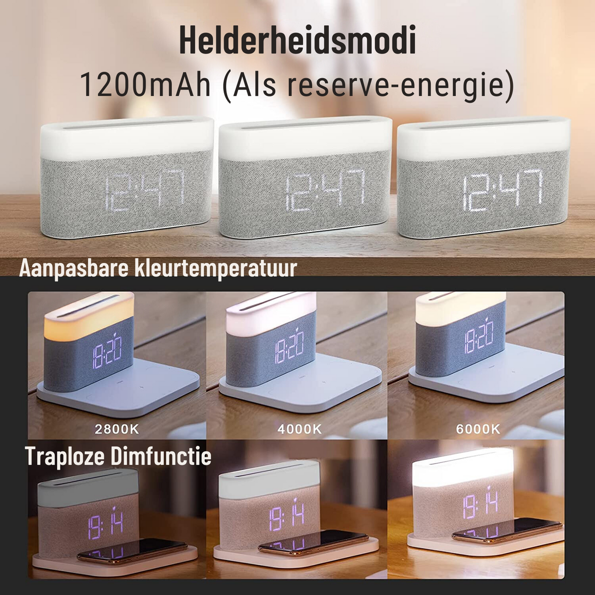 Caricatore wireless 3 in 1 con lampada LED e sveglia digitale