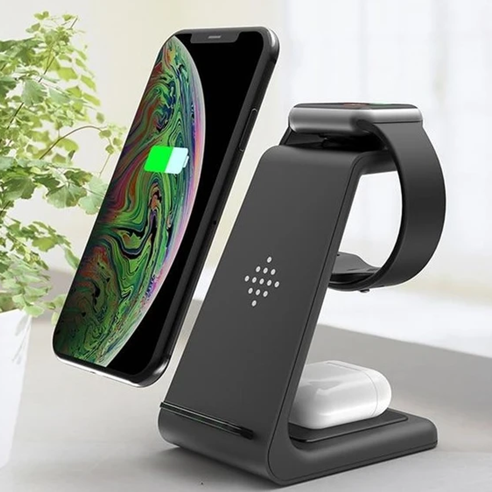 Caricatore wireless 3 in 1 per smartphone, smartwatch e auricolari