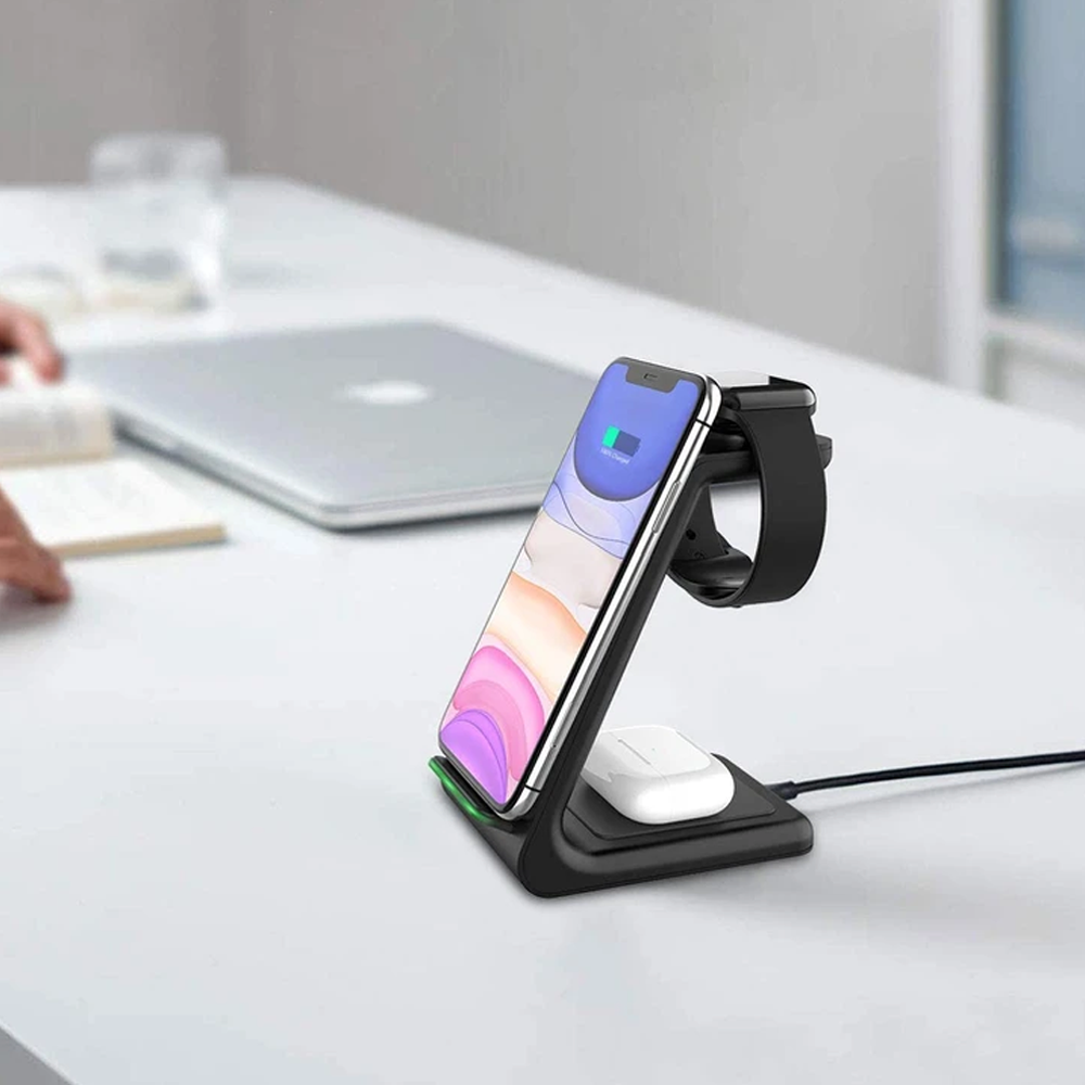 Caricatore wireless 3 in 1 per smartphone, smartwatch e auricolari