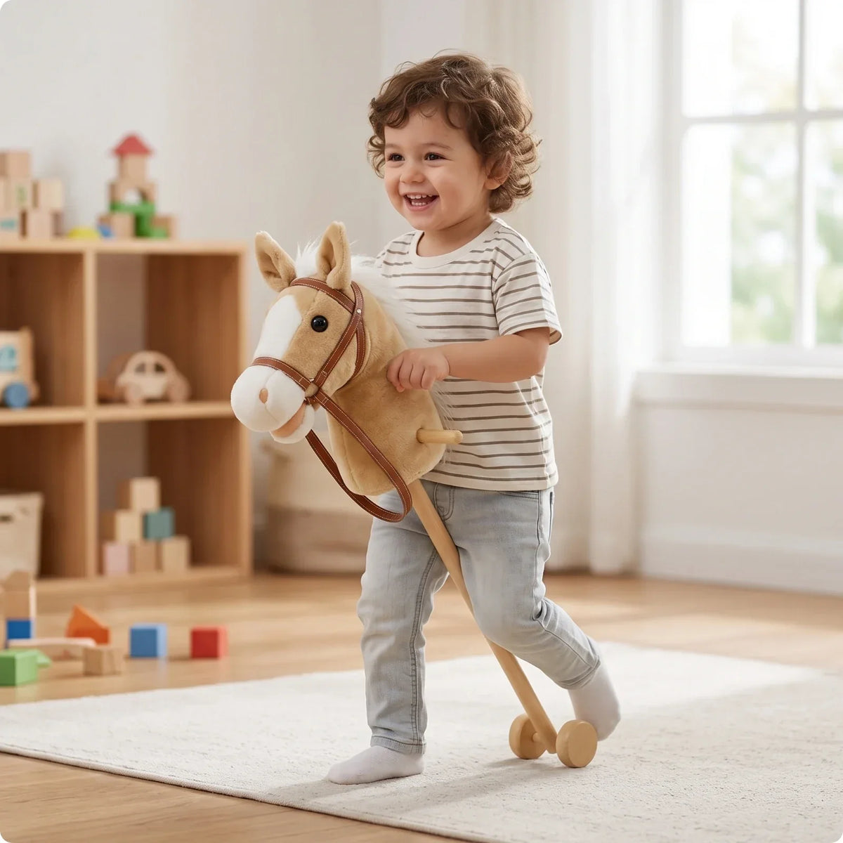 Cavallo a Bastone in Peluche con Ruote - Giocattolo Cavalcabile per Bambini