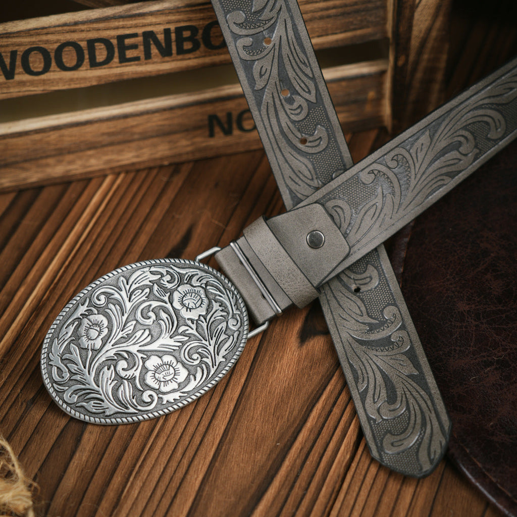 Cintura da uomo stile western in pelle vegana con fibbia in metallo