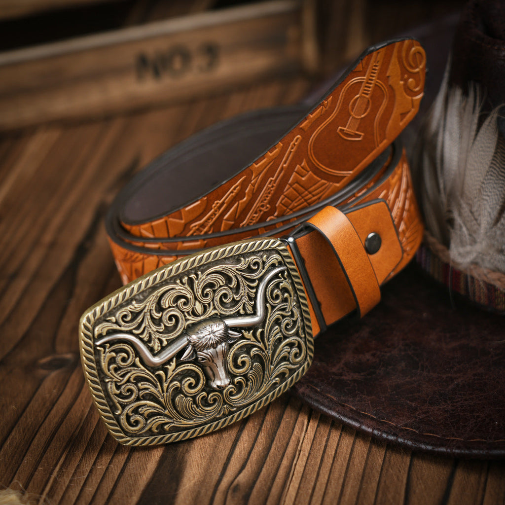 Cintura da uomo stile western in pelle vegana con fibbia in metallo