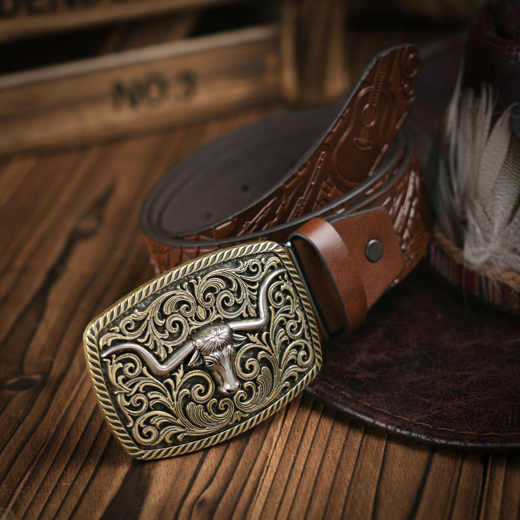 Cintura da uomo stile western in pelle vegana con fibbia in metallo