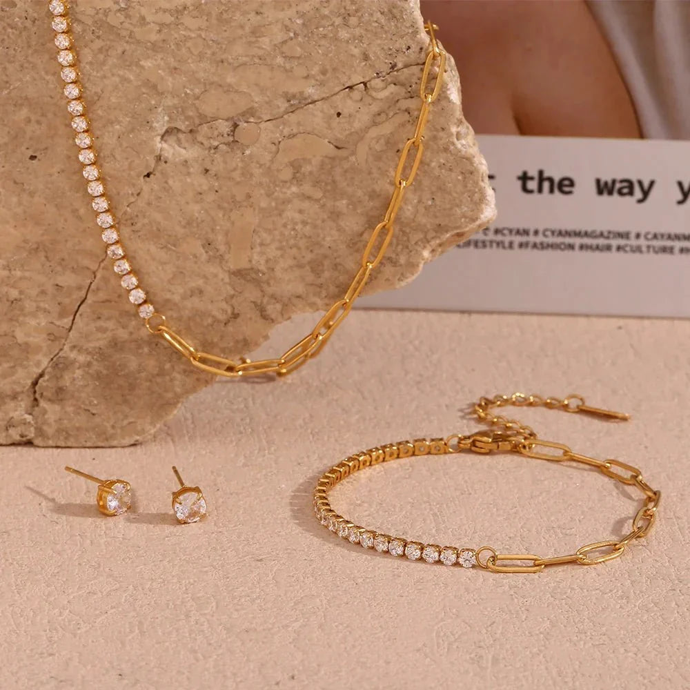 Collana, bracciale e orecchini tennis con catena paperclip 18k