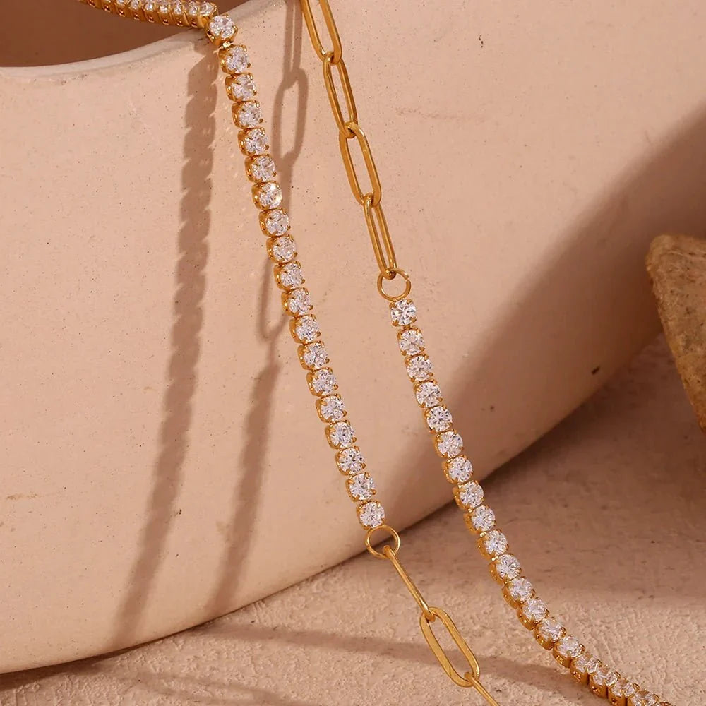 Collana, bracciale e orecchini tennis con catena paperclip 18k