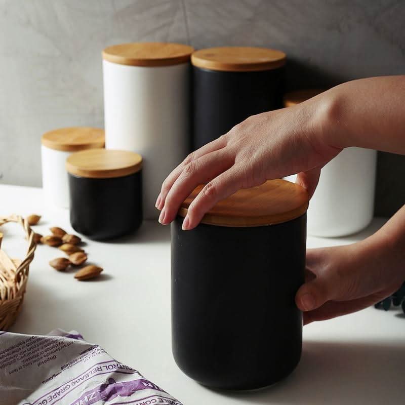Contenitore per alimenti in ceramica con coperchio ermetico in bambù