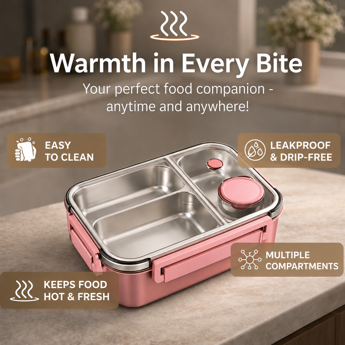 Contenitore termico per alimenti | Scomparti multipli in acciaio inox | Chiusura a clic anti-perdita | Warmpack