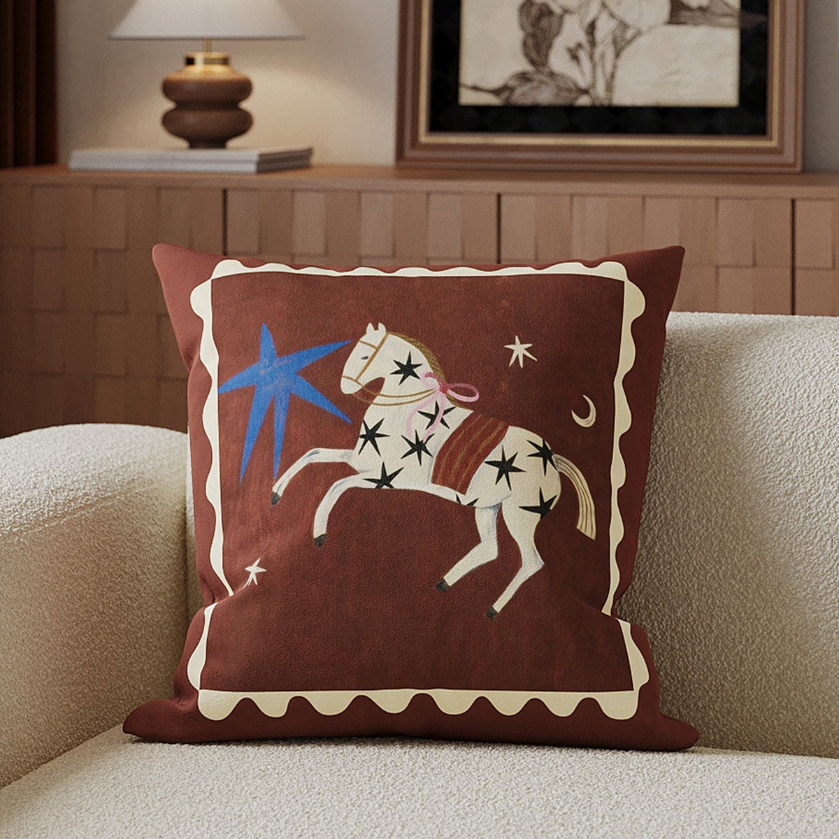 Copricuscino decorativo quadrato in cotone e lino con illustrazione di cavallo e cerniera nascosta