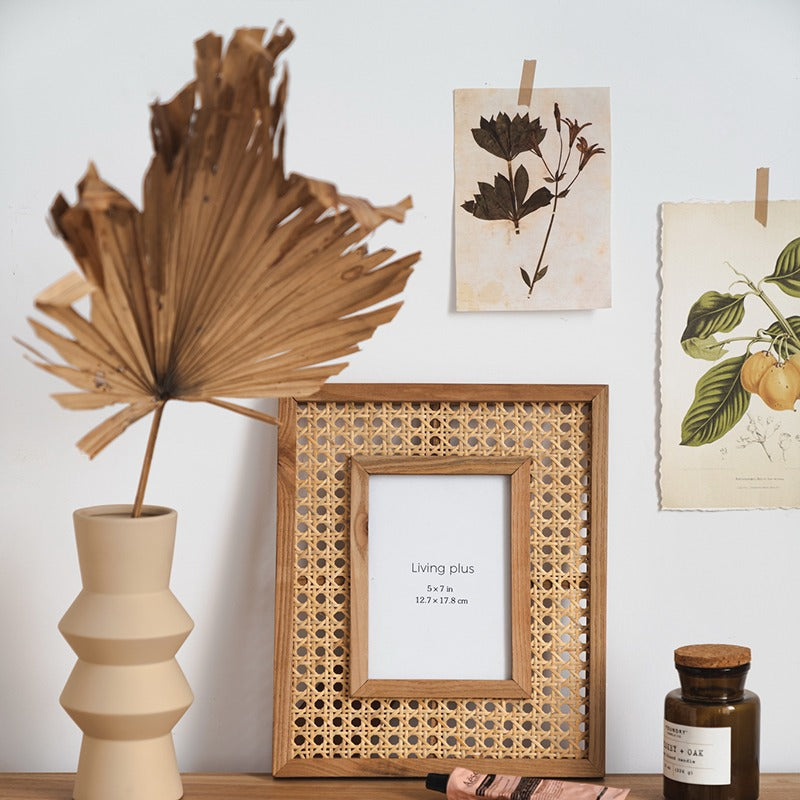 Cornice portafoto artistica in legno con intreccio rattan