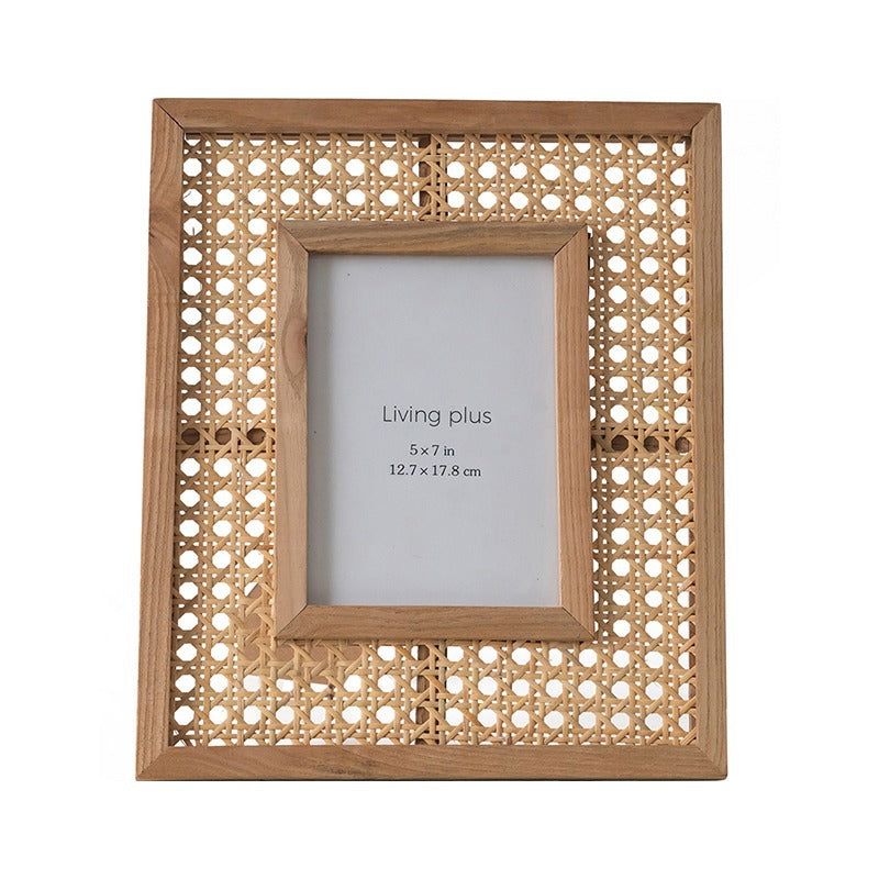 Cornice portafoto artistica in legno con intreccio rattan