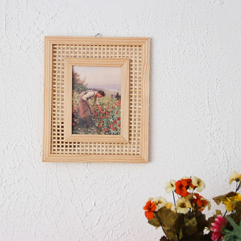 Cornice portafoto artistica in legno con intreccio rattan