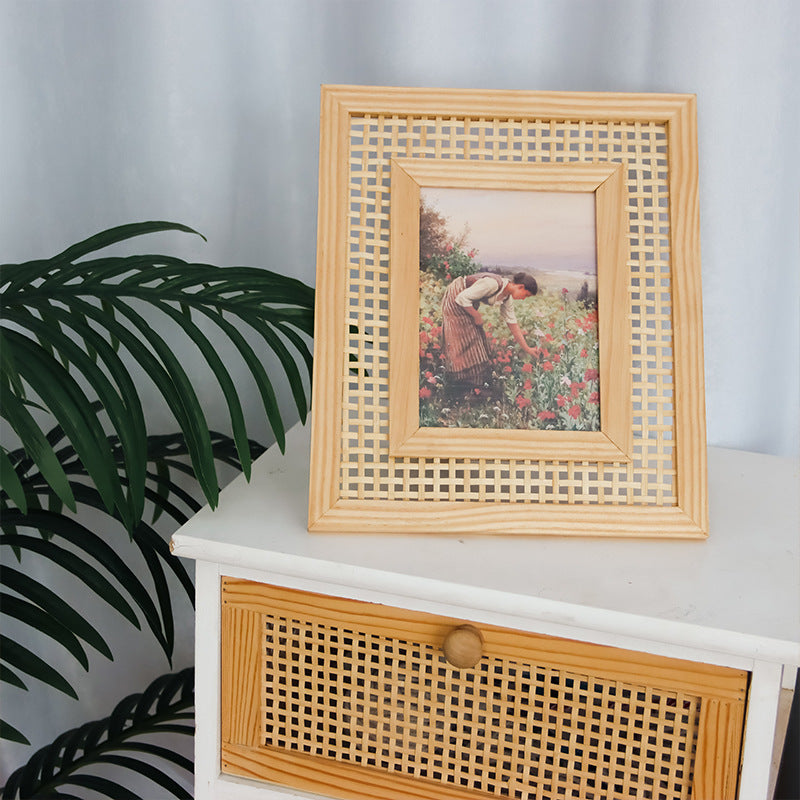 Cornice portafoto artistica in legno con intreccio rattan