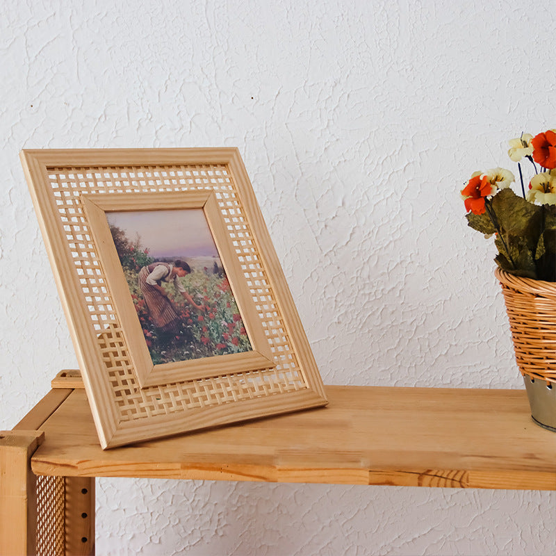 Cornice portafoto artistica in legno con intreccio rattan