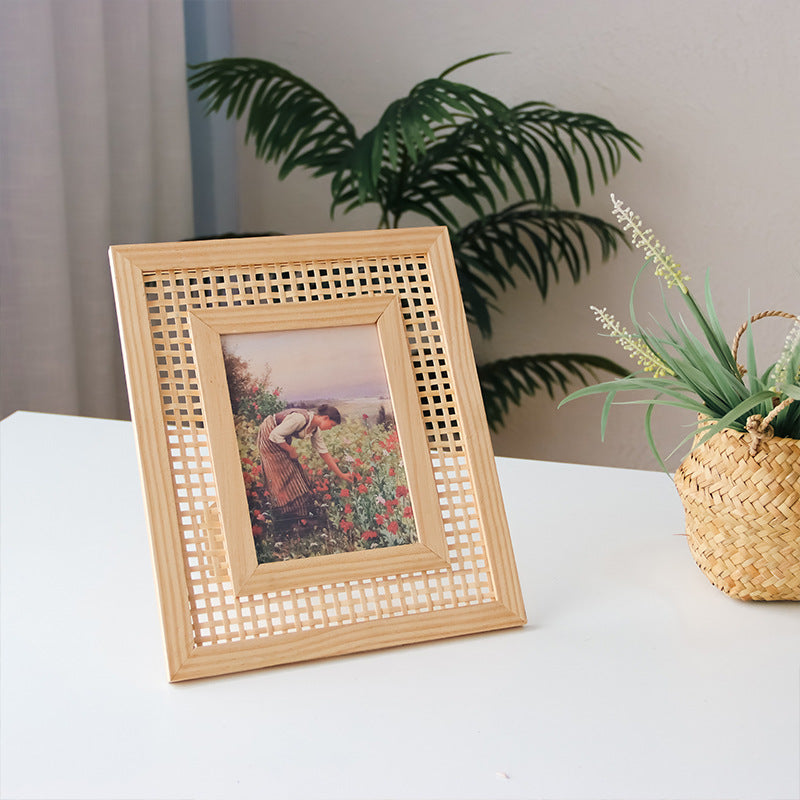 Cornice portafoto artistica in legno con intreccio rattan