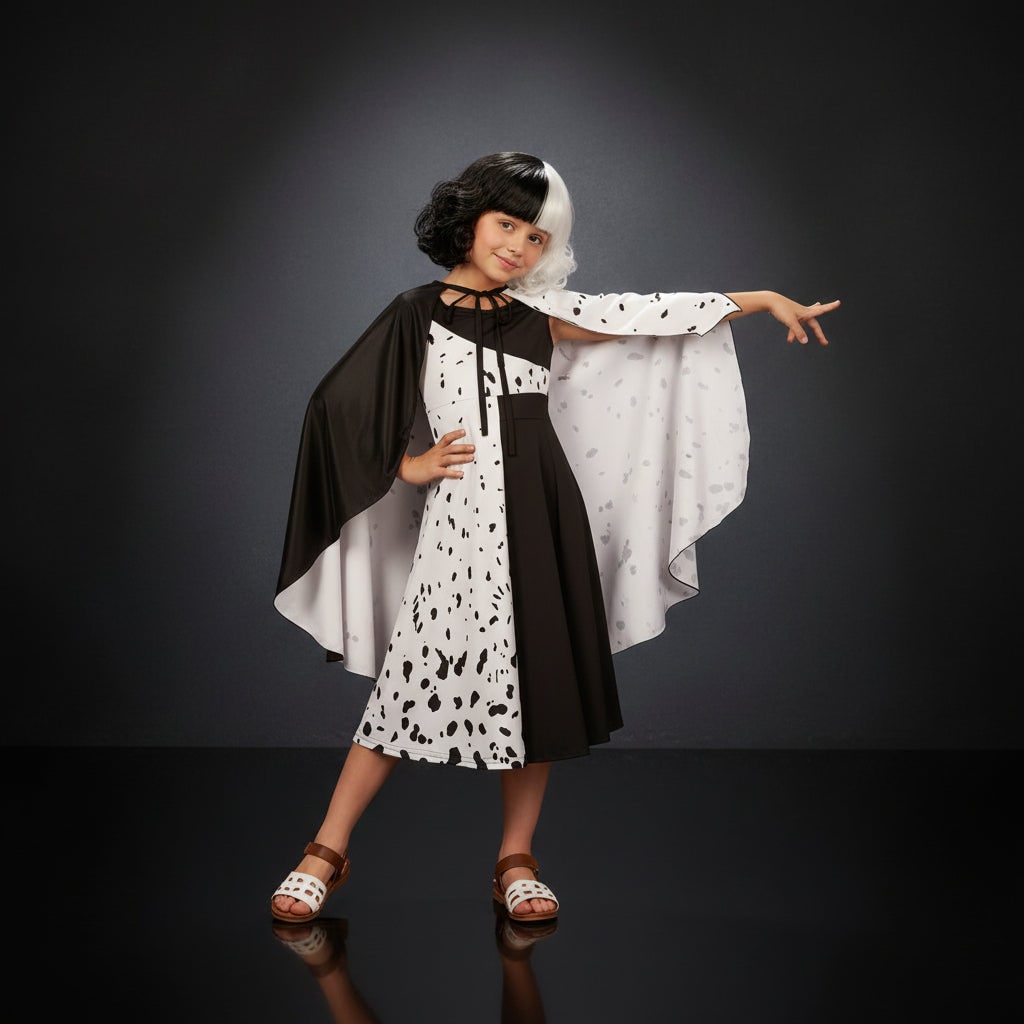 Costume di Halloween da bambina, vestito a macchie bianche e nere da dalmata con mantello, poliestere, maschera con pium