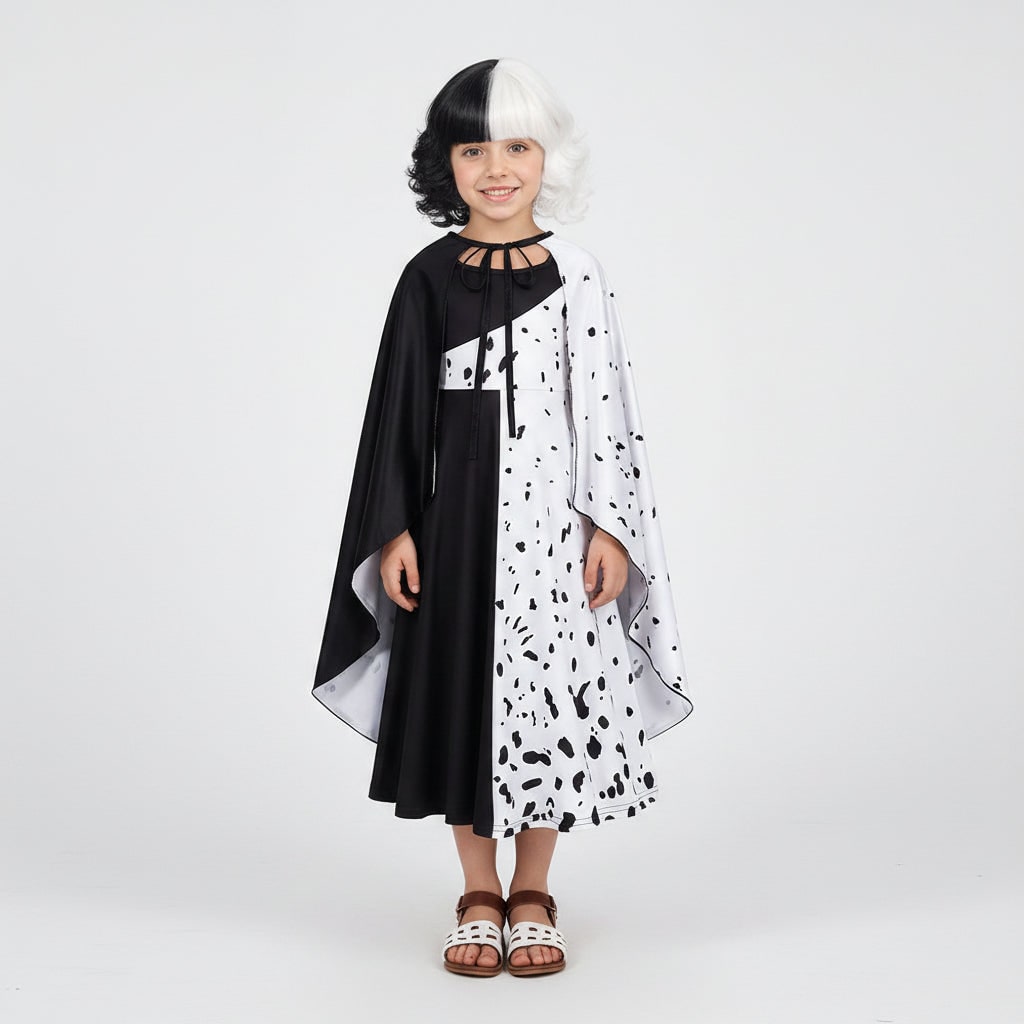 Costume di Halloween da bambina, vestito a macchie bianche e nere da dalmata con mantello, poliestere, maschera con pium