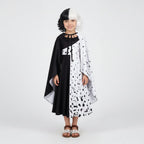 Costume di Halloween da bambina, vestito a macchie bianche e nere da dalmata con mantello, poliestere, maschera con pium