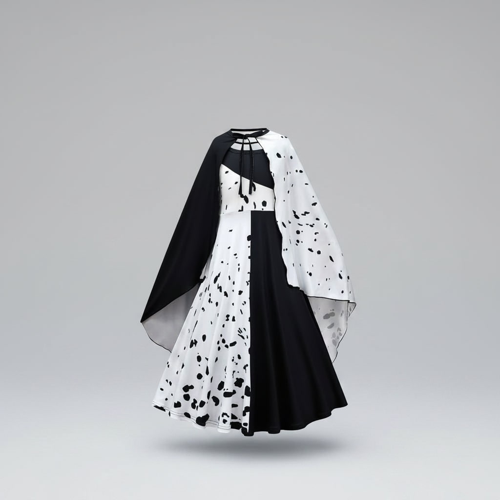 Costume di Halloween da bambina, vestito a macchie bianche e nere da dalmata con mantello, poliestere, maschera con pium