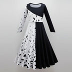 Costume di Halloween da bambina, vestito a macchie bianche e nere da dalmata con mantello, poliestere, maschera con pium