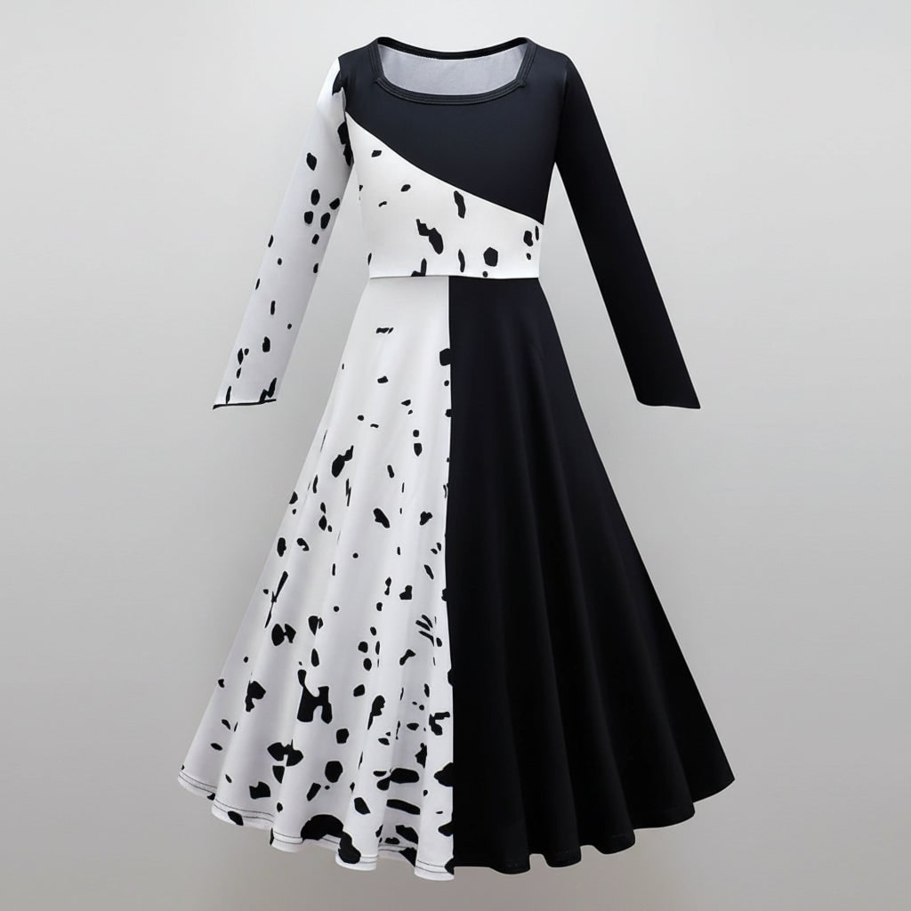 Costume di Halloween da bambina, vestito a macchie bianche e nere da dalmata con mantello, poliestere, maschera con pium