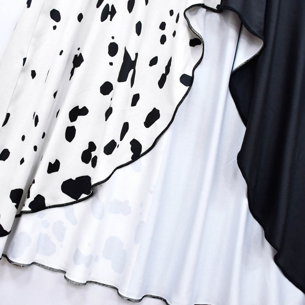 Costume di Halloween da bambina, vestito a macchie bianche e nere da dalmata con mantello, poliestere, maschera con pium