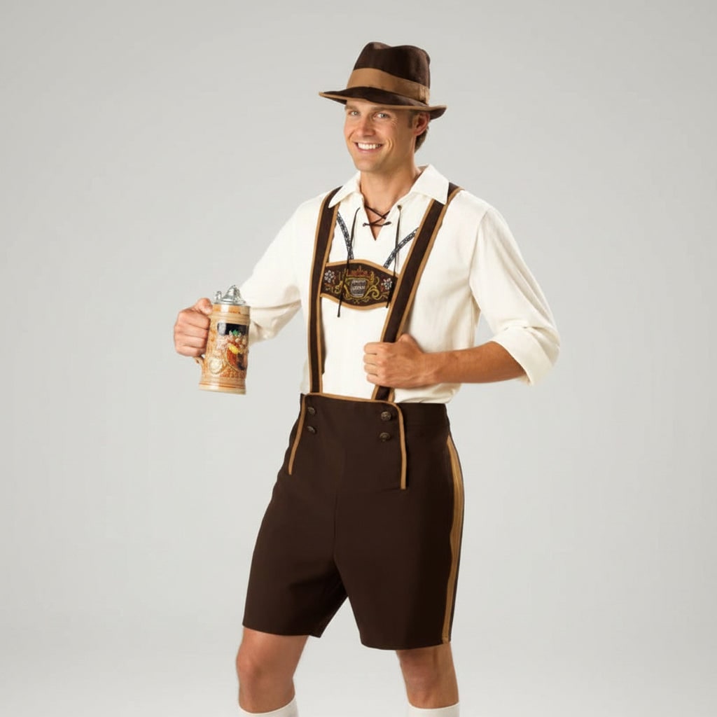 Costume tradizionale bavarese da uomo con pantaloncini e camicetta