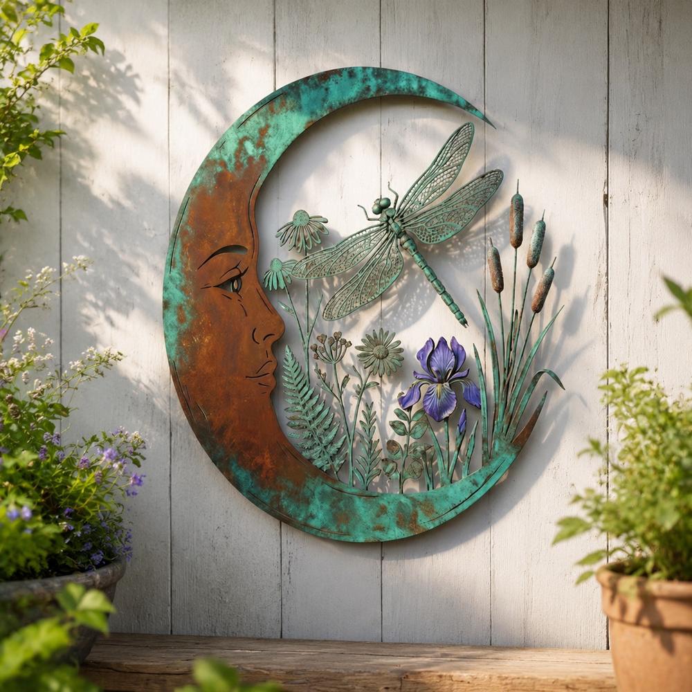 Decorazione da parete in metallo luna crescente con scena da giardino