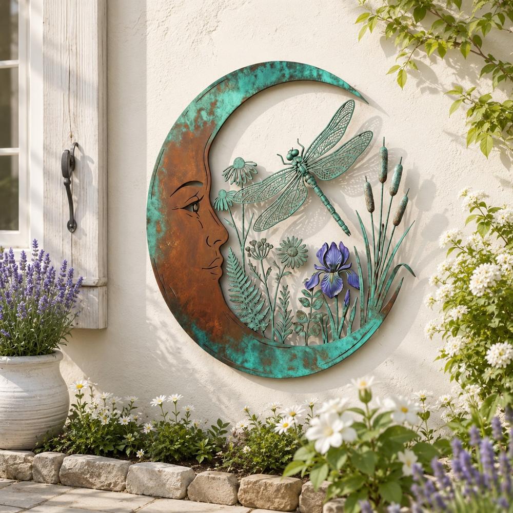 Decorazione da parete in metallo luna crescente con scena da giardino
