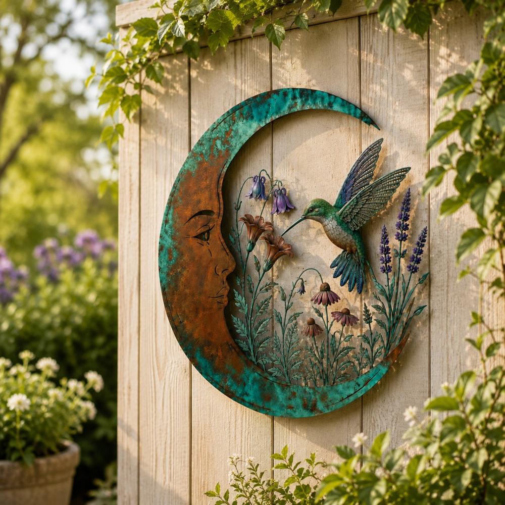 Decorazione da parete in metallo luna crescente con scena da giardino