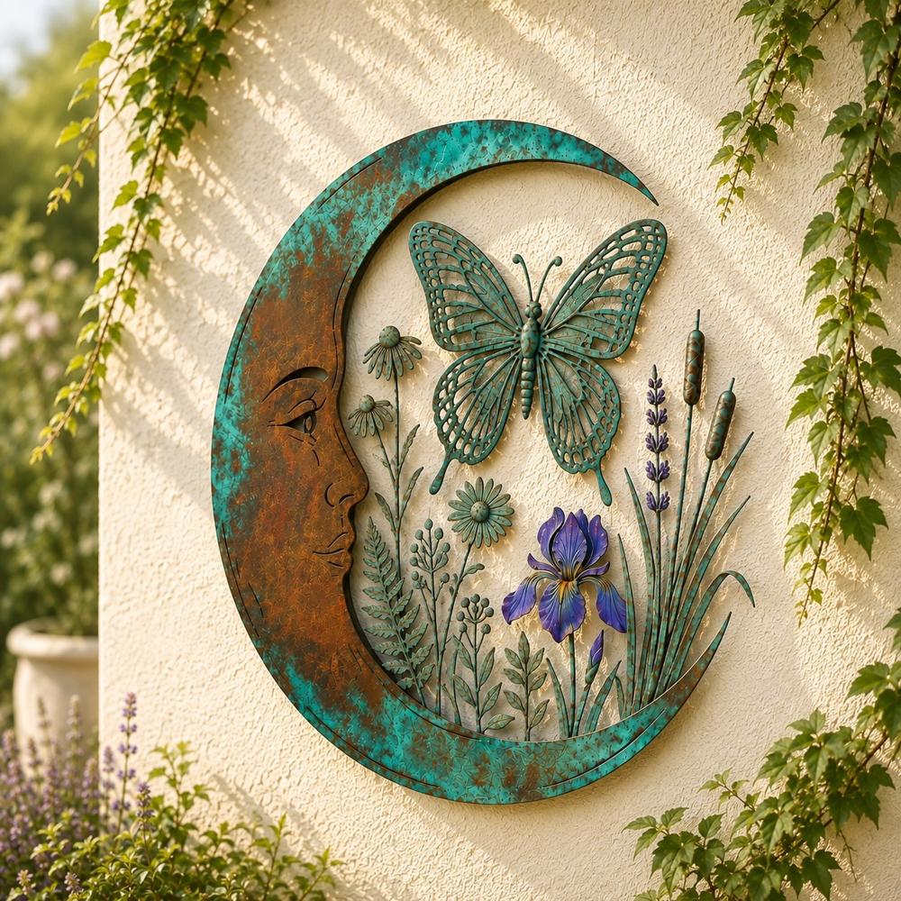 Decorazione da parete in metallo luna crescente con scena da giardino