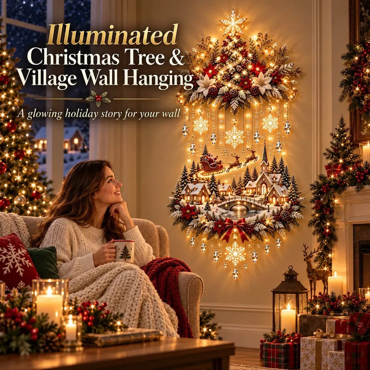 Decorazione natalizia da parete illuminata con albero e luci LED calde