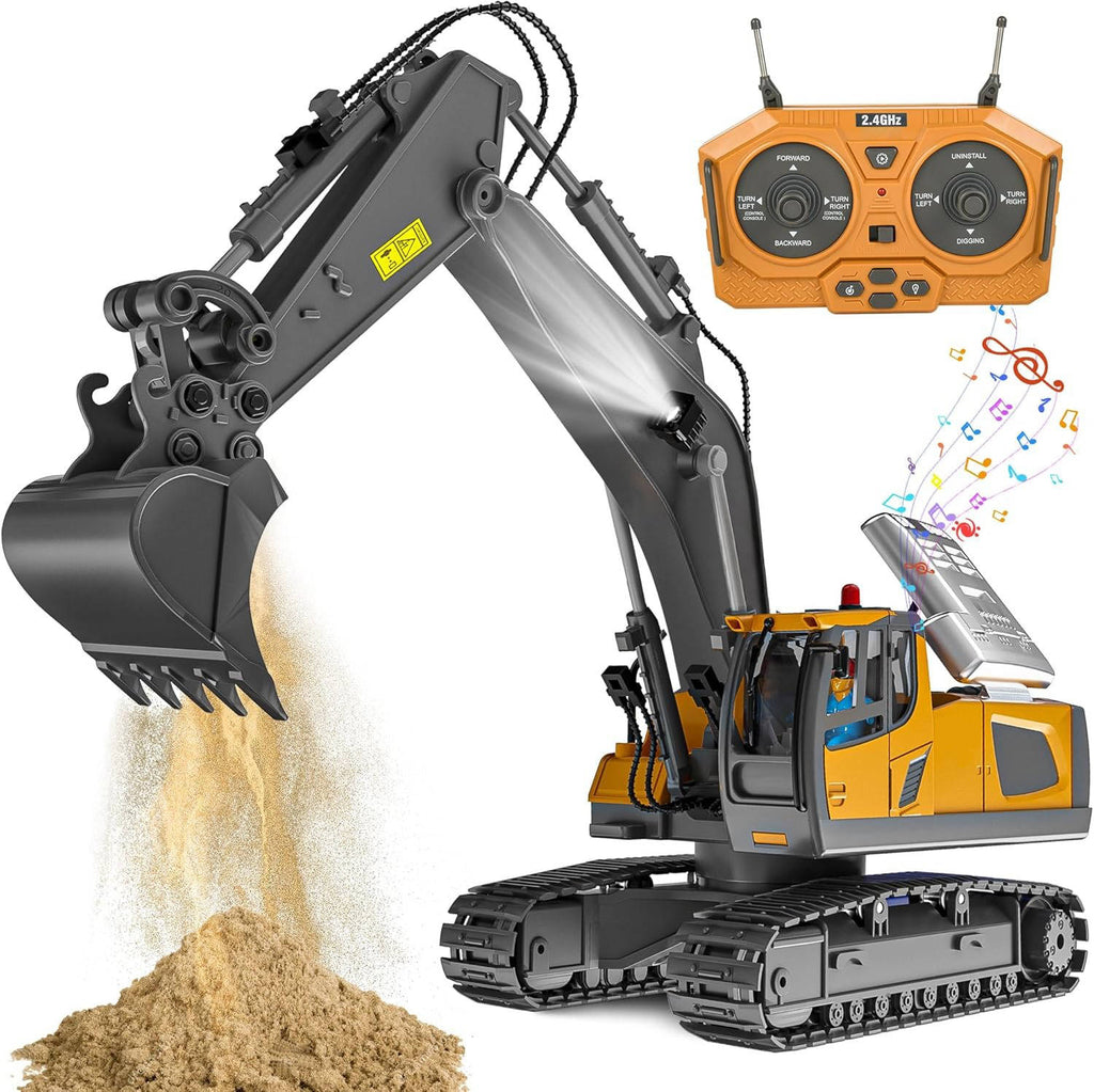 Escavatore radiocomandato 4WD bulldozer camion ribaltabile metallo | 3 motori, rotazione 680 gradi | cingoli in gomma pe