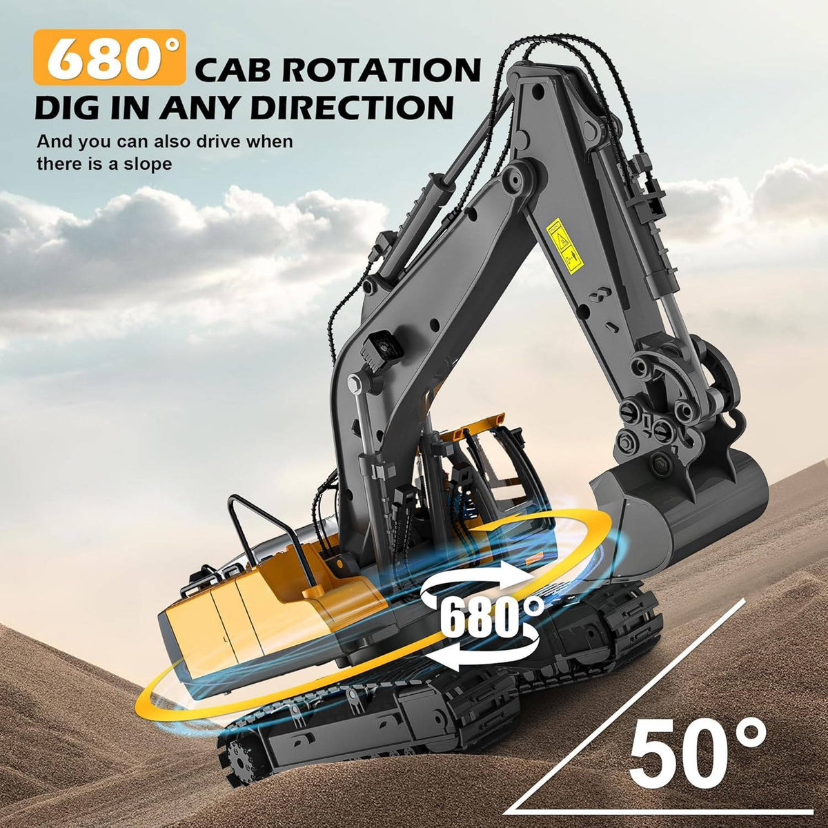 Escavatore radiocomandato 4WD bulldozer camion ribaltabile metallo | 3 motori, rotazione 680 gradi | cingoli in gomma pe