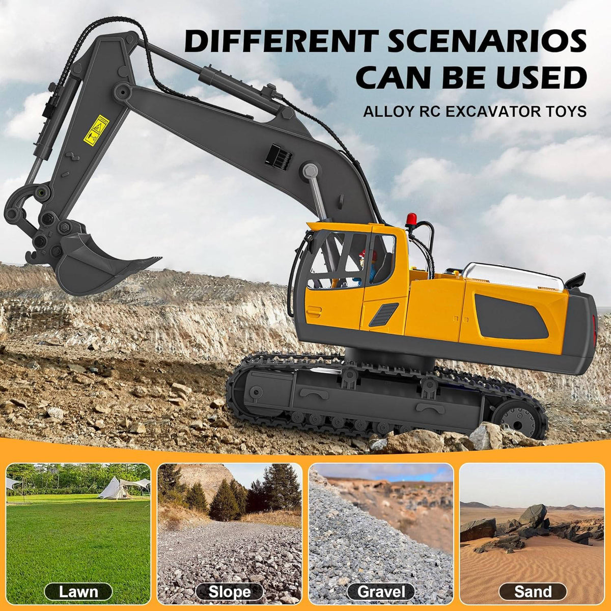Escavatore radiocomandato 4WD bulldozer camion ribaltabile metallo | 3 motori, rotazione 680 gradi | cingoli in gomma pe
