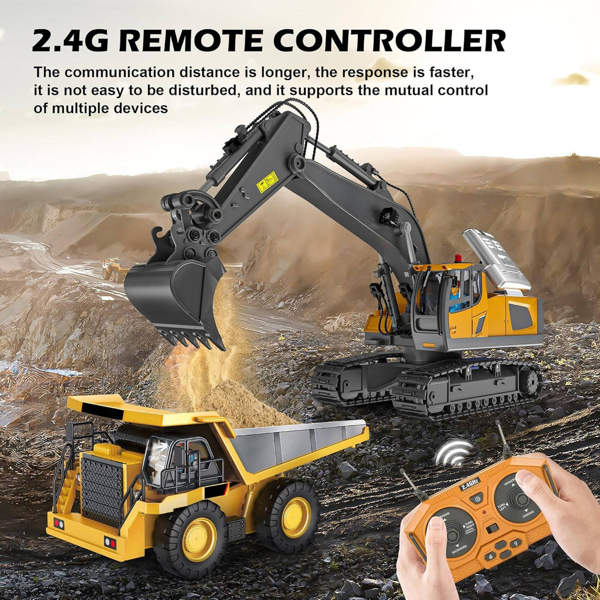 Escavatore radiocomandato 4WD bulldozer camion ribaltabile metallo | 3 motori, rotazione 680 gradi | cingoli in gomma pe