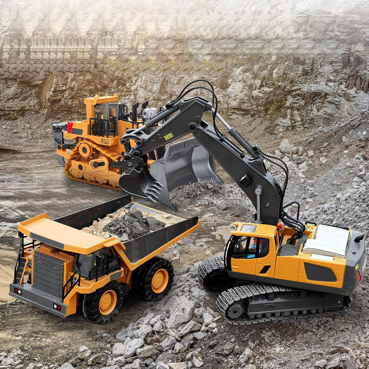 Escavatore radiocomandato 4WD bulldozer camion ribaltabile metallo | 3 motori, rotazione 680 gradi | cingoli in gomma pe
