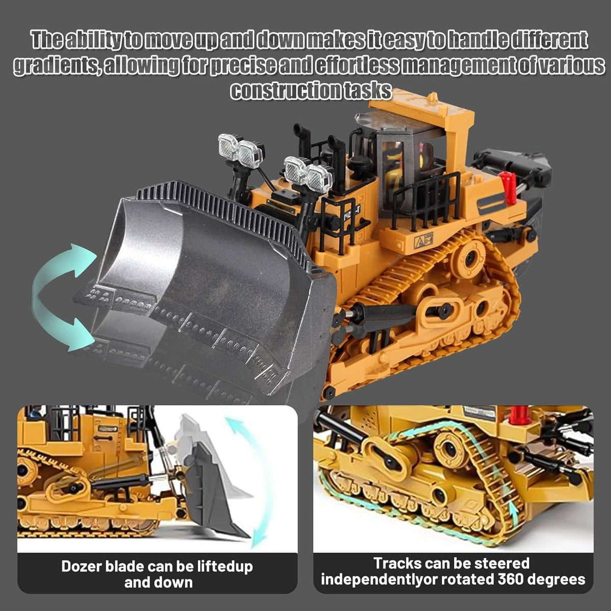 Escavatore radiocomandato 4WD bulldozer camion ribaltabile metallo | 3 motori, rotazione 680 gradi | cingoli in gomma pe