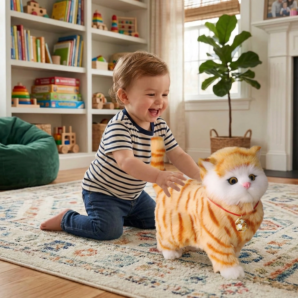 Gattino robot interattivo realistico tigrato, gatto robot che cammina e miagola