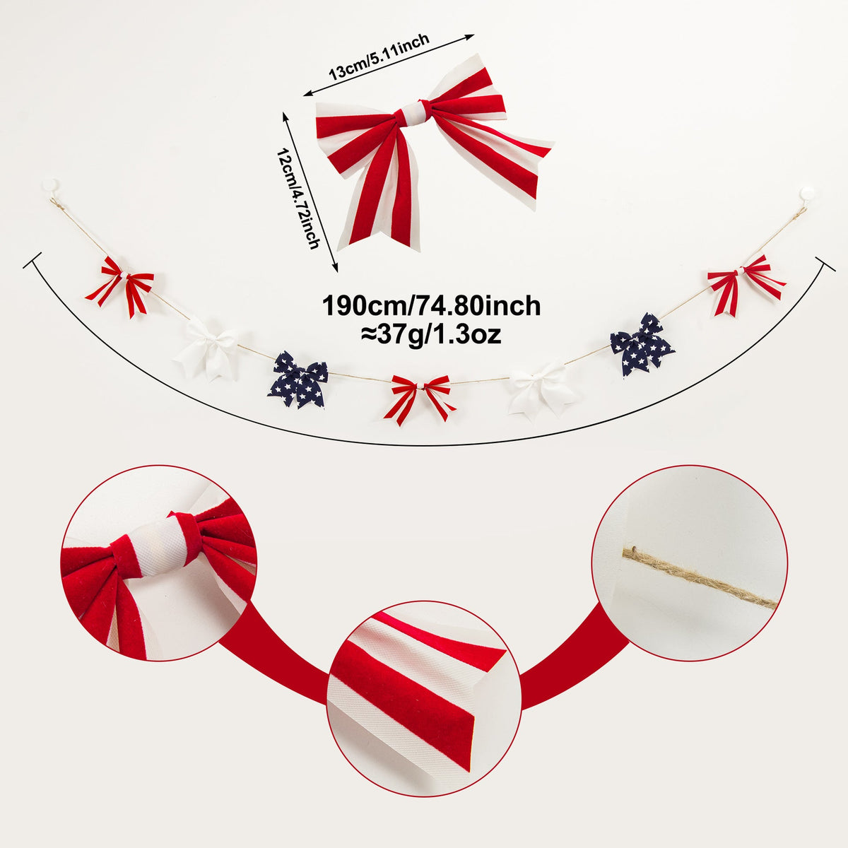 Ghirlanda decorativa unisex con fiocchi a righe e cordino in juta