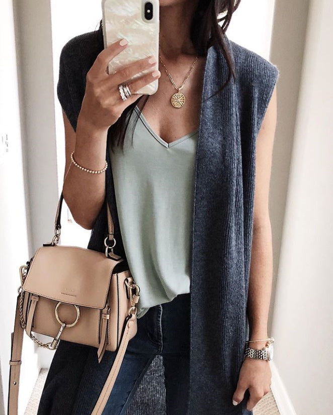 Gilet in maglia oversize da donna a maniche corte con apertura frontale