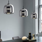 Lampada a sospensione vintage in vetro ambrato e metallo nero