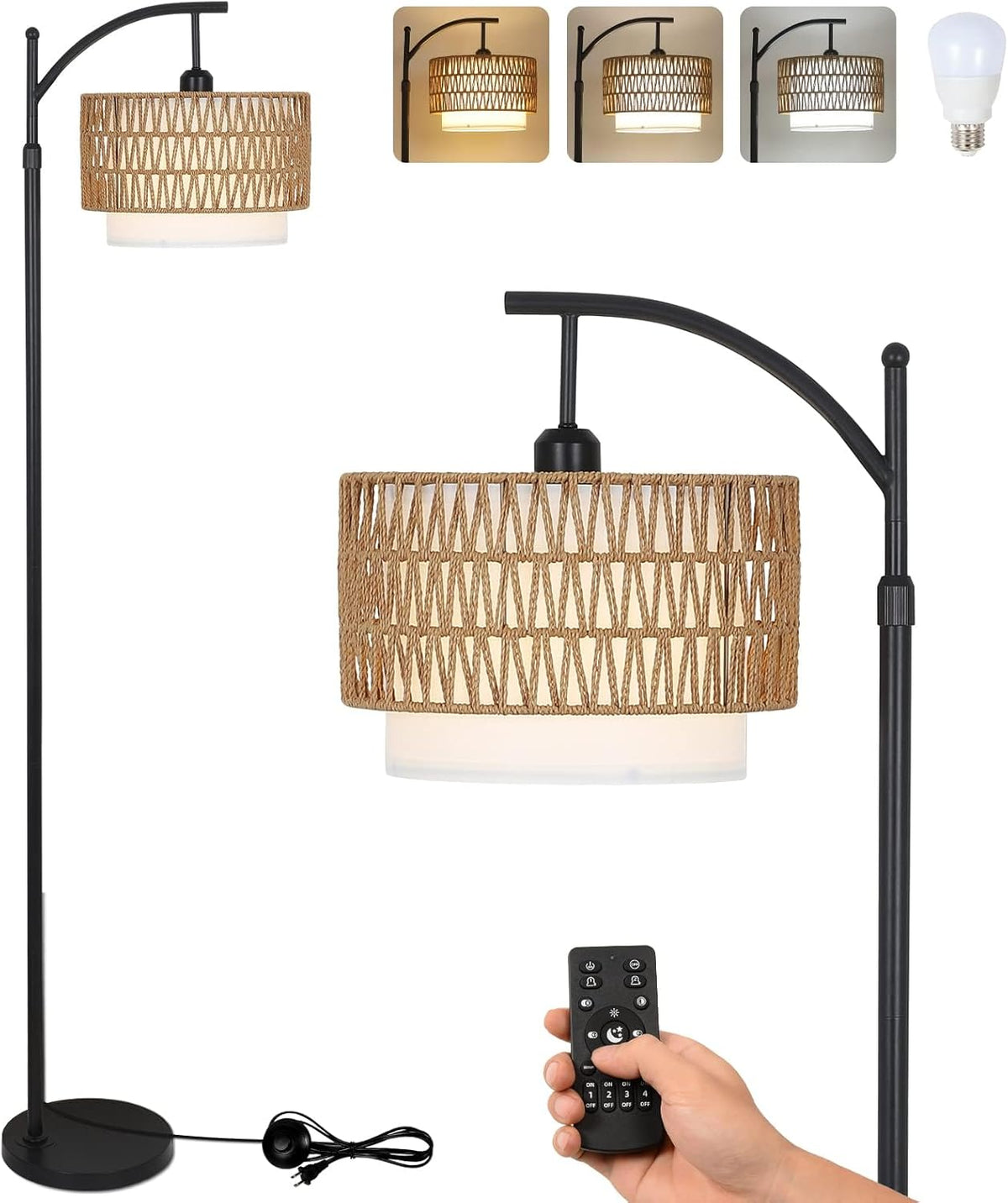 Lampada ad arco con telecomando e doppio paralume Norvella