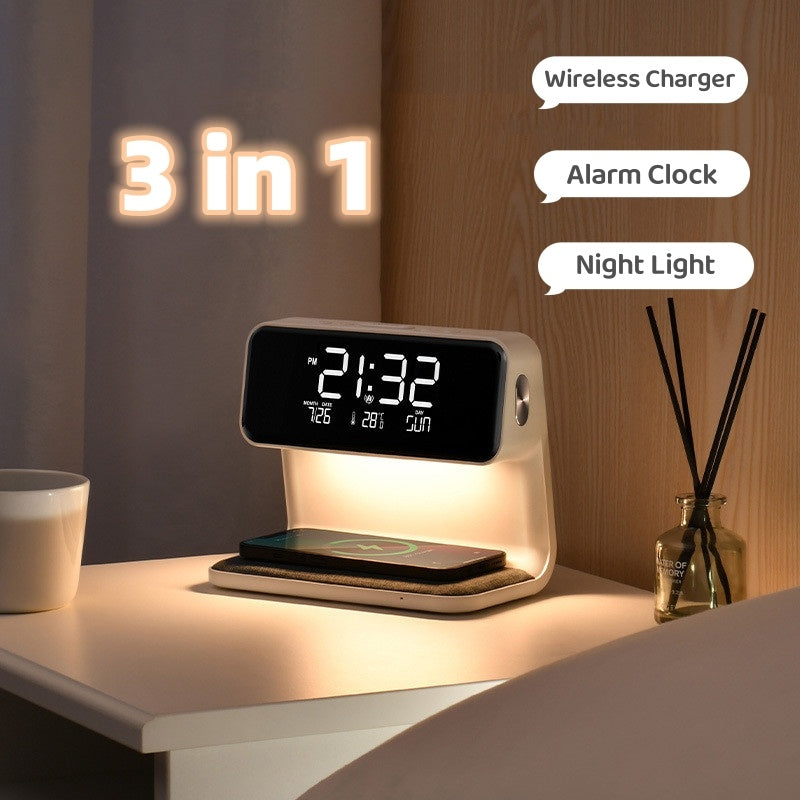 Lampada da comodino 3 in 1 con ricarica wireless, sveglia LCD e LED dimmerabile