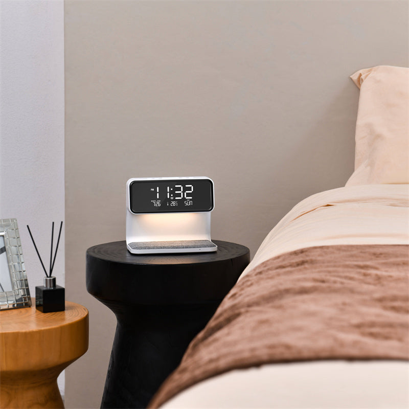 Lampada da comodino 3 in 1 con ricarica wireless, sveglia LCD e LED dimmerabile