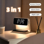 Lampada da comodino 3 in 1 con ricarica wireless – Sveglia LCD e luce LED dimmerabile touch